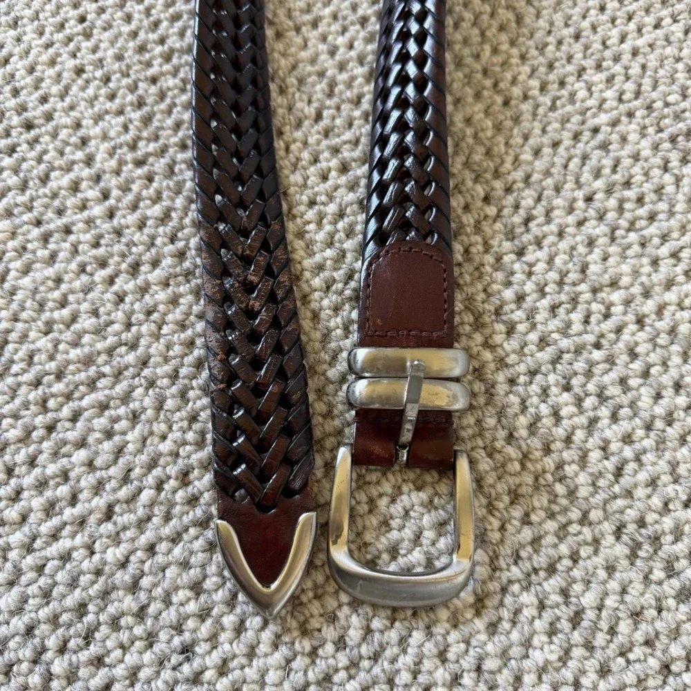 Mens Dark Brown Woven Braided Leather Belt Silver Buckle Metal Tip Size 40